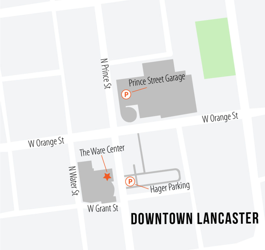 Map of downtown Lancaster with a pin for the Ware Center.