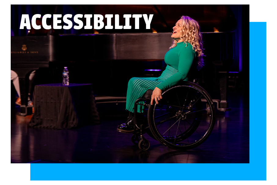 Actress Ali Stroker performs at the Ware Center. The text reads, "Accessibility."