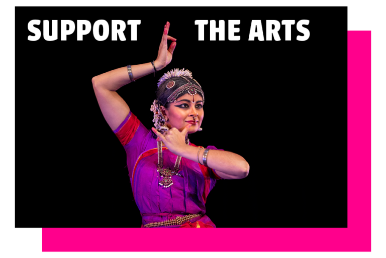 Ashwini Ramaswamy performs at the Ware Center. The text reads, "Support the arts."