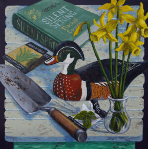 A still life shows a duck, a spade, a flower vase filled with daffodils, and a copy of Silent Spring. Artwork by Douglas Anderson.