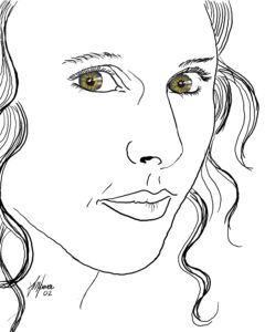 A digital portrait shows a woman's face with green eyes.