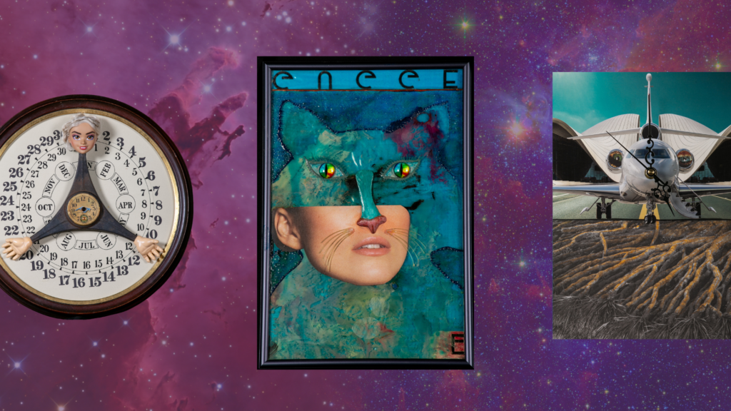 A collage of art by Ron Ettelman on a purple starry background shows a clock with doll-face hands, a face that is half-woman, half-cat, and an airplane with a clock-hand nose