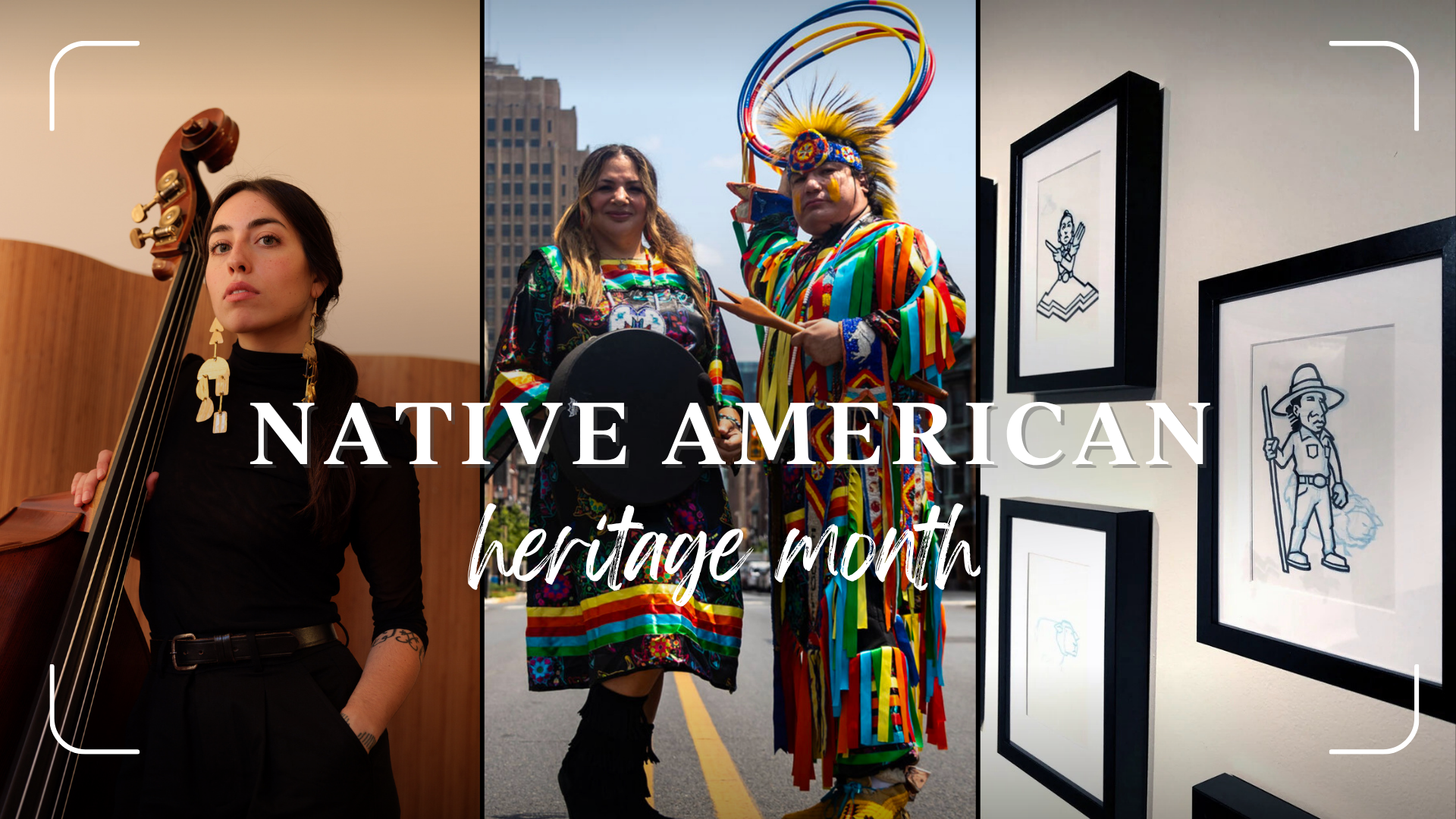 A collage showing Mali Obomsawin, The Paza Experience, and Jonathan Nelson art reads "Native American Heritage Month"