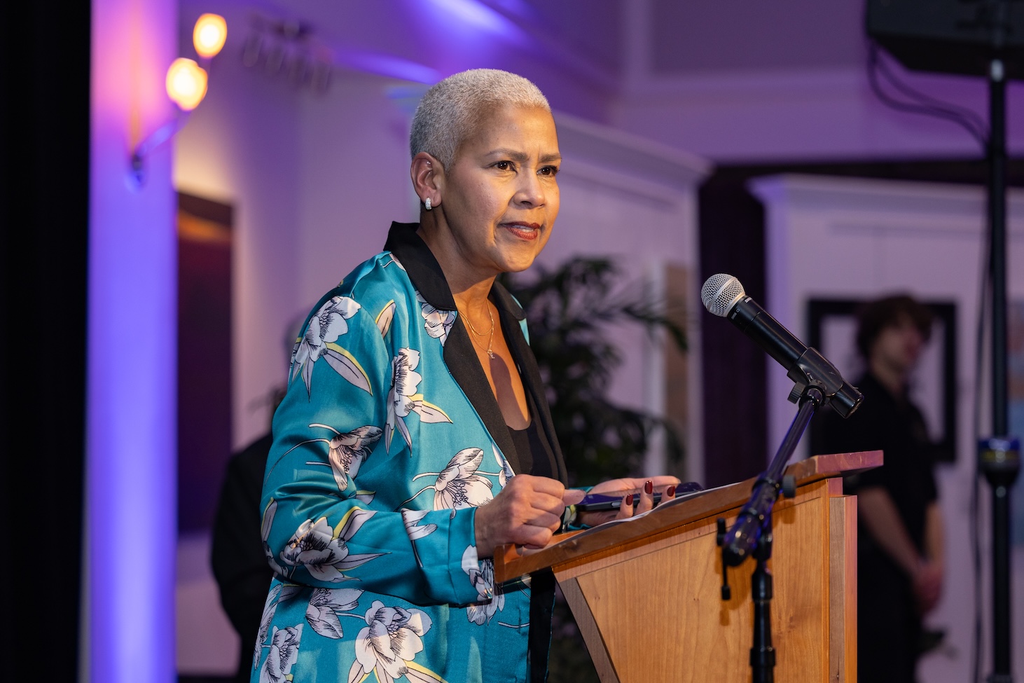 Fran Rodriguez of the Lancaster County Community Foundation speaks at the Our Journeys opening event