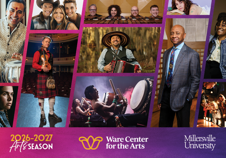 A brochure cover reads "2026-2027 Arts Season" and includes numerous photos of artists coming this season.